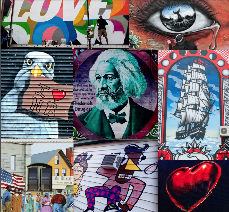 A collection of murals painted on walls of buildings in New Bedford Massachusetts. Images include Frederick Douglass, a tall ship, a seagull with a sign that says "I heart NB", the 54th Regiment, and a tombob original mural. 